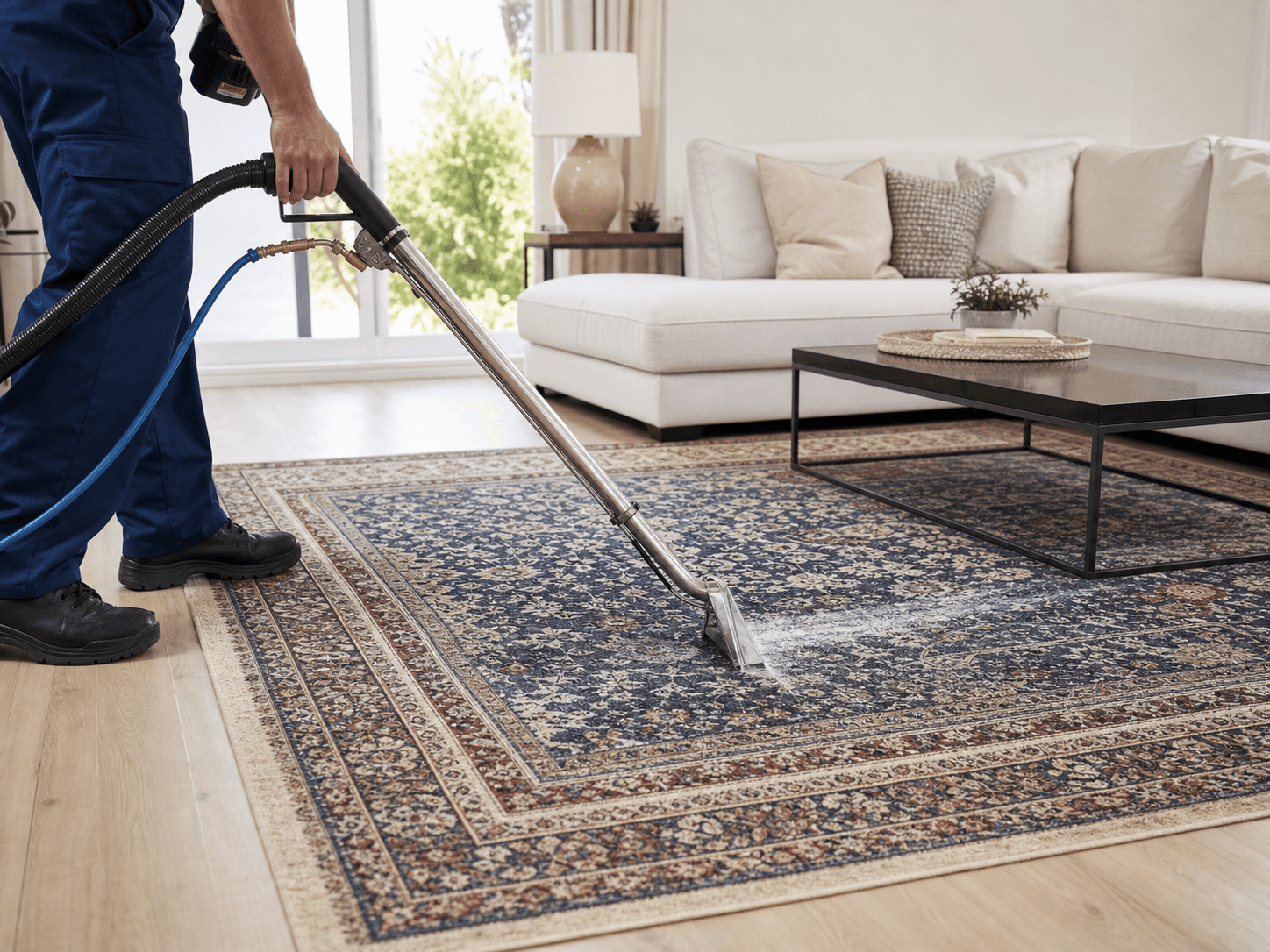 Professional rug cleaning in progress in a living room